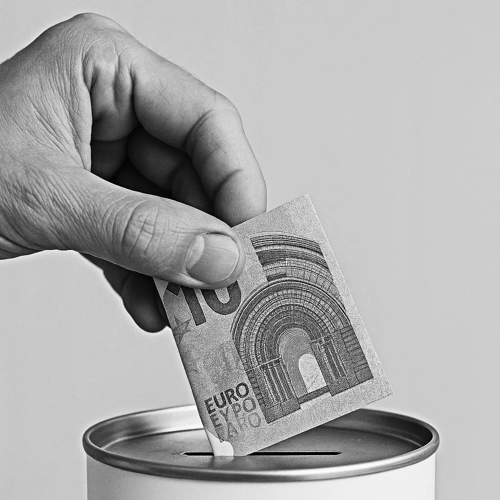 Eine Hand steckt einen Zehn-Euro-Schein in eine Spendendose